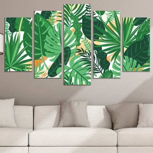 0835  Wall art decoration (set of 5 pieces) Golden leaves for living room