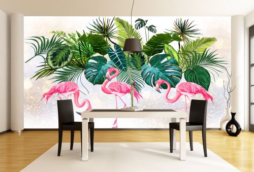 T9180 Wallpaper Tropical leaves and flamingos