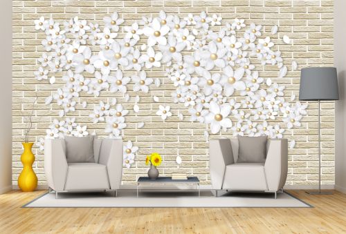 T9192 Фототапет 3D Бели цветчета на тухлена стена за всекидневна