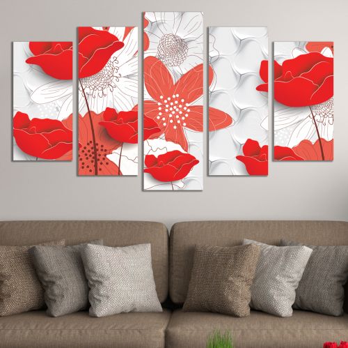 0750  Wall art decoration (set of 5 pieces) White orchids on brown background for living room