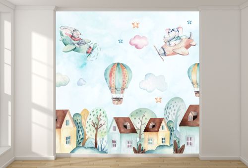 T9249 Wallpaper Bunny and elephant with helicopters over the city