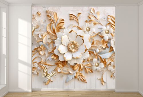 T0995 Wallpaper 3D Golden flowers and butterflies