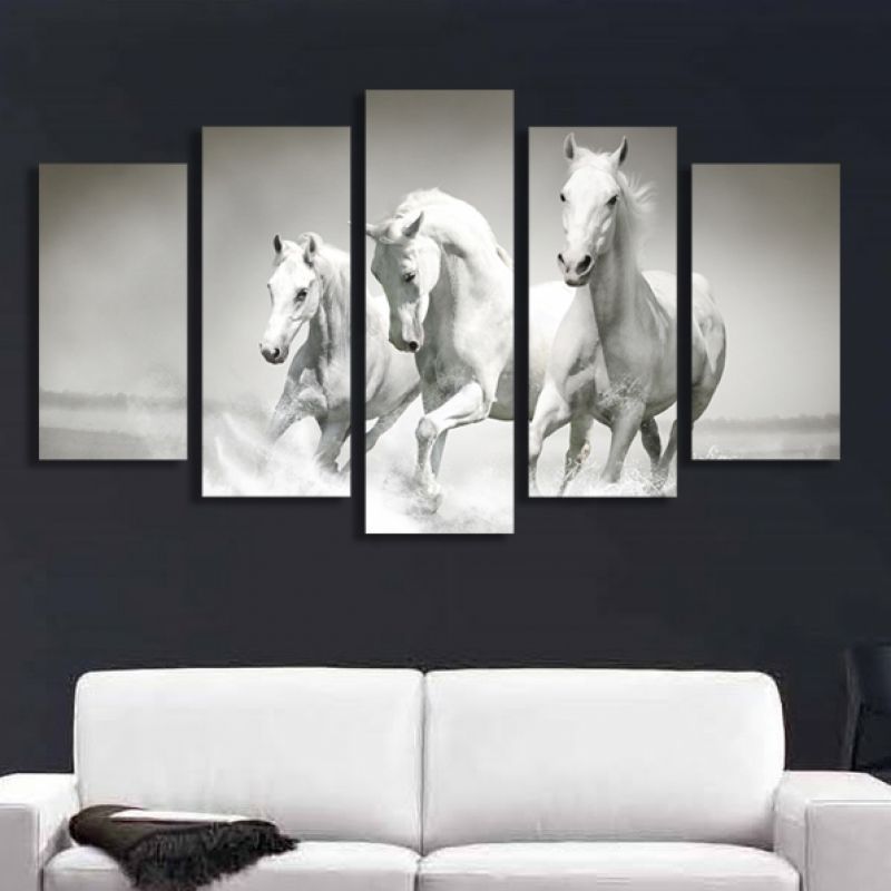 Modern Wall Art Sets For Decoration Set Of 5 Parts White Horses - Black And White Canvas Wall Art Sets