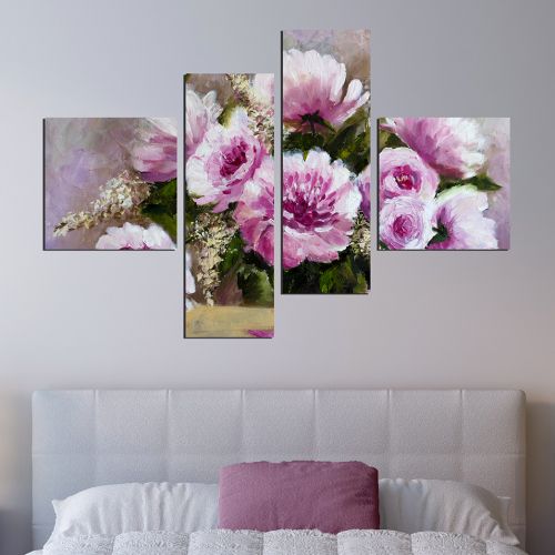 0258_2 Wall art decoration (set of 4 pieces) Purple flowers