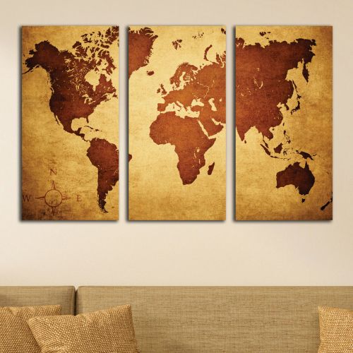 0339 Wall art decoration (set of 3 pieces) World map in brown
