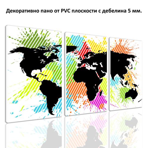 0729 Картина пано от 3 части Абстрактна цветна карта на света от PVC