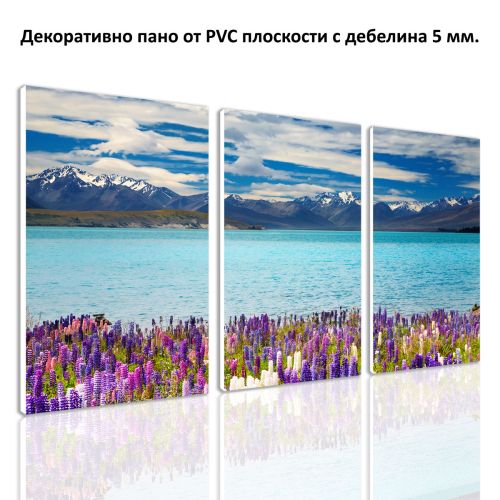 0862 Картина пано от 3 части Планински пейзаж с езеро и цветя от PVC