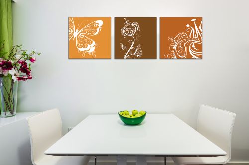 Wall art decoration set with florals in orange and brown