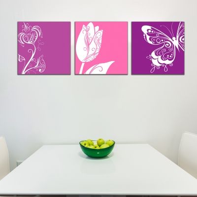 Комплект от 3 картини с флорални мотиви в розово и лилаво