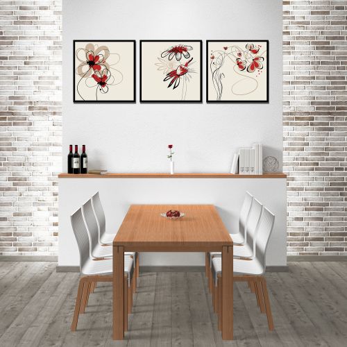 Wall art decoration set with florals in beige and red