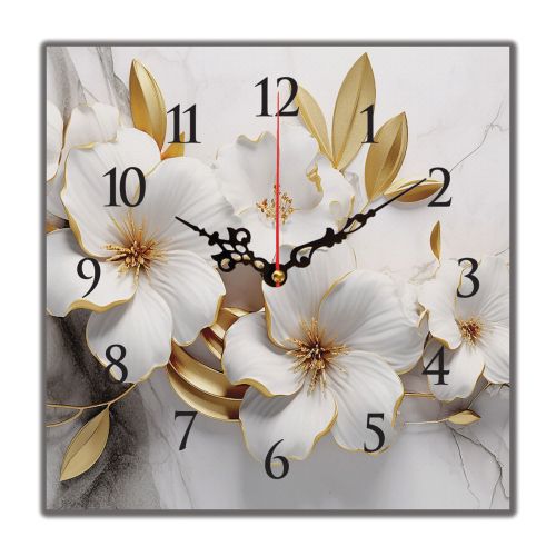 C1059_1 Clock with print 3D Flowers gold and white