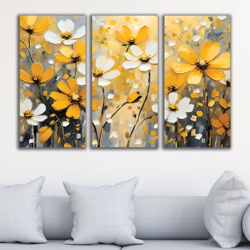 1074 Wall art decoration (set of 3 pieces)  Abstraction with yellow and white wildflowers flowers