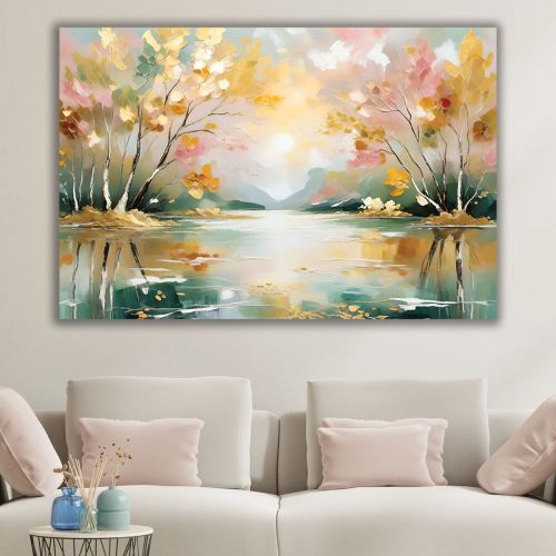 1075 Wall art decoration Abstraction with Lake and Trees in soft pastel tones