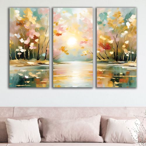 1076 Wall art decoration (set of 3 pieces) Abstract Landscape with Lake and Flowering Trees