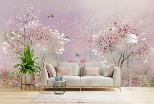 T9306 Wallpaper Spring garden with flamingos and birds