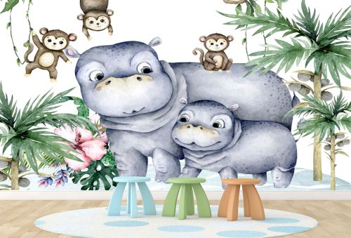 T9322 Wallpaper Cute Hippos and Monkeys in a Jungle Scene
