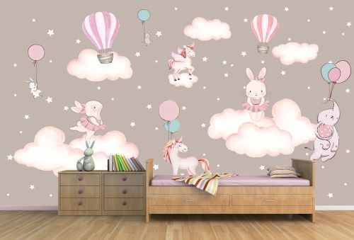 T9325 3D Wallpaper Rabits, Unicorns, Hot Air Balloons, and Clouds