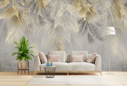 T9326 Wallpaper Tropical leaves in gold and gray