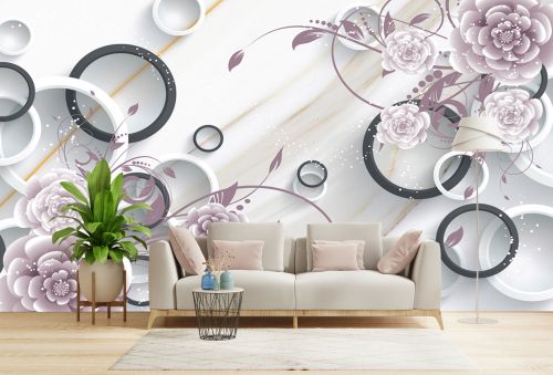 T9329 Wallpaper 3D Abstraction with flowers and circles