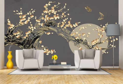 T9332 Wallpaper 3D Abstraction with flowers and circles