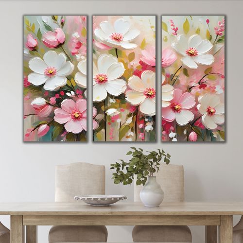 1087 Wall art decoration (set of 3 pieces)  Abstraction with delicate flowers in white and pink