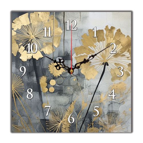 C1008_1 Clock with print Dandelions in gold and grey