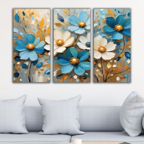 1088 Wall art decoration (set of 3 pieces)  Abstraction with delicate flowers in white and blue