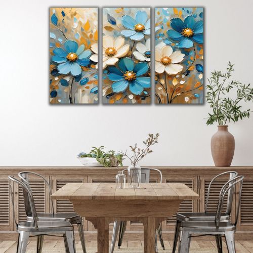 1088 Wall art decoration (set of 3 pieces)  Abstraction with delicate flowers in white and blue