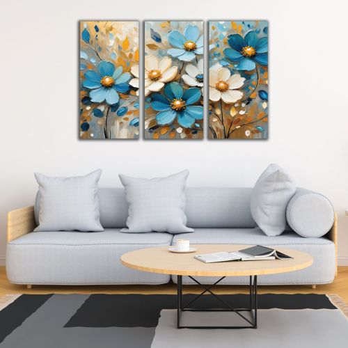 1088 Wall art decoration (set of 3 pieces)  Abstraction with delicate flowers in white and blue