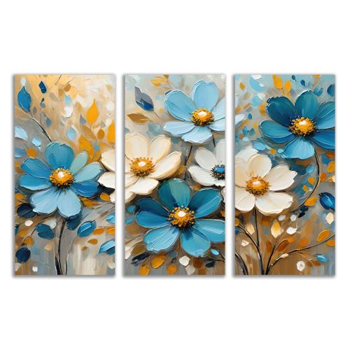1088 Wall art decoration (set of 3 pieces)  Abstraction with delicate flowers in white and blue