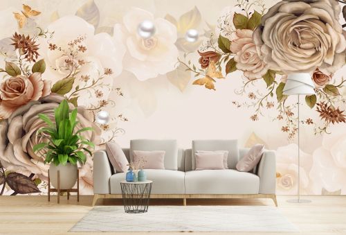 T9339 Wallpaper Roses in warm shades and delicate butterflies