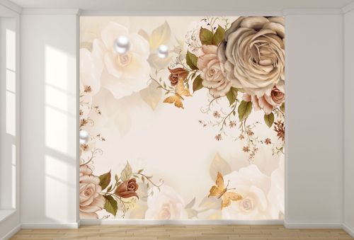 T9339 Wallpaper Roses in warm shades and delicate butterflies