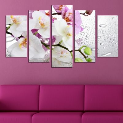 0326 Картина-пано от 5 части Бели и лилави орхидеи