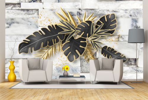 T9346 Wallpaper Gold and black leaves on a marble background