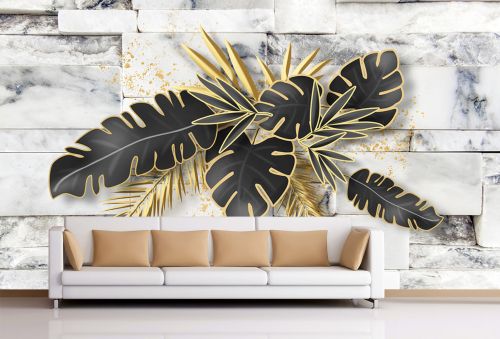T9346 Wallpaper Gold and black leaves on a marble background