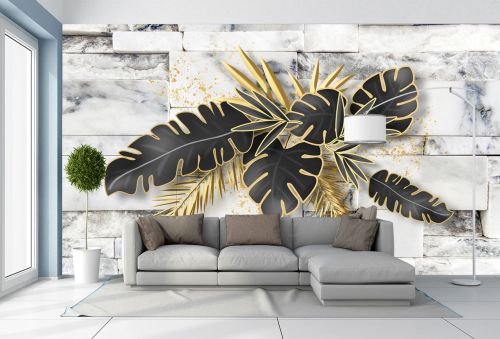 T9346 Wallpaper Gold and black leaves on a marble background
