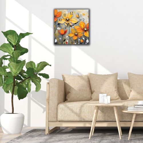 C1072_1 Clock with print Art flowers in orange and yellow