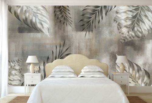 T9348 Wallpaper Leaves in soft gray and earth tones