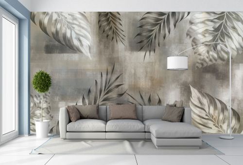 T9348 Wallpaper Leaves in soft gray and earth tones