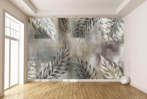T9348 Wallpaper Leaves in soft gray and earth tones