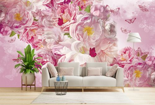 T9349 Wallpaper Delicate pink flowers and graceful butterflies