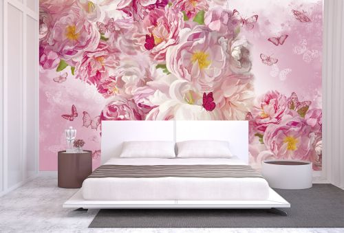 T9349 Wallpaper Delicate pink flowers and graceful butterflies