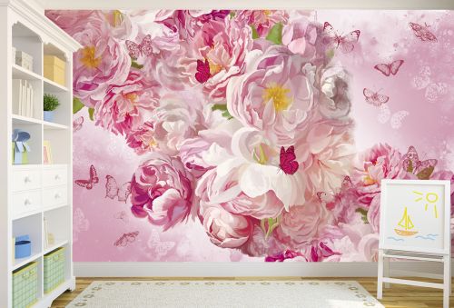 T9349 Wallpaper Delicate pink flowers and graceful butterflies