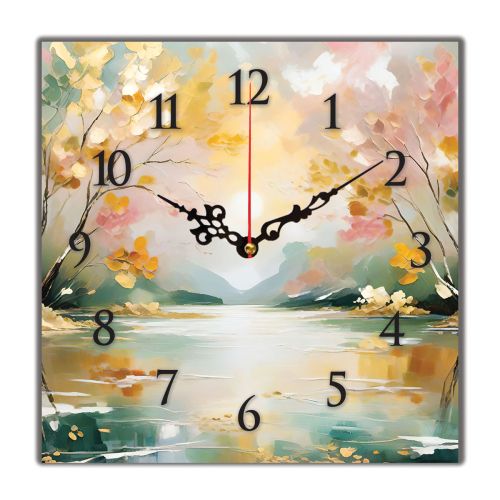 C1075_1 Clock with print Abstraction with Lake and Trees in soft pastel tones
