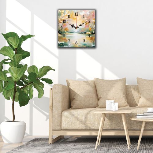 C1075_1 Clock with print Abstraction with Lake and Trees in soft pastel tones
