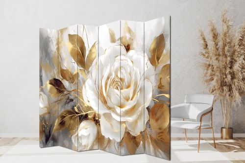 Декоративен параван Бяла роза в златно сияние за всекидневна - P1102