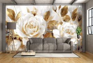 Фототапет Бяла роза в златно сияние за хол T1102  