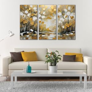 Картина пано от 3 части Златната гора - абстрактен пейзаж за всекидневна 1137 