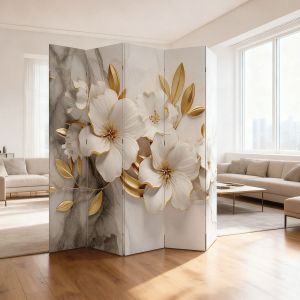 P1059 Decorative Screen Room divider Flowers in white and gold (3,4,5 or 6 panels)
