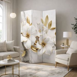 P1059 Decorative Screen Room divider Flowers in white and gold (3,4,5 or 6 panels)